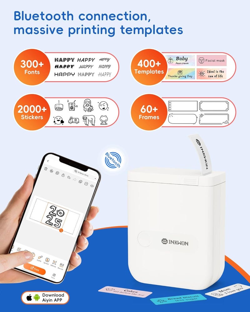 InkWon D110 Label Maker Machine with Tape, Bluetooth Mini Label Maker with Various Templates, Wireless Portable Small Label Printer for Home, Office, School, White - Image 2